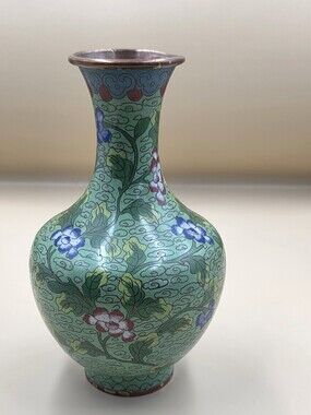 vintage Chinese copper and enamel cloisonné vase featuring a green floral motif
